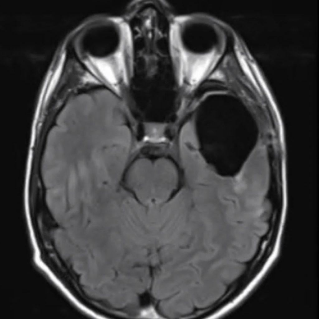 MRI image of a brain featuring a large mass.