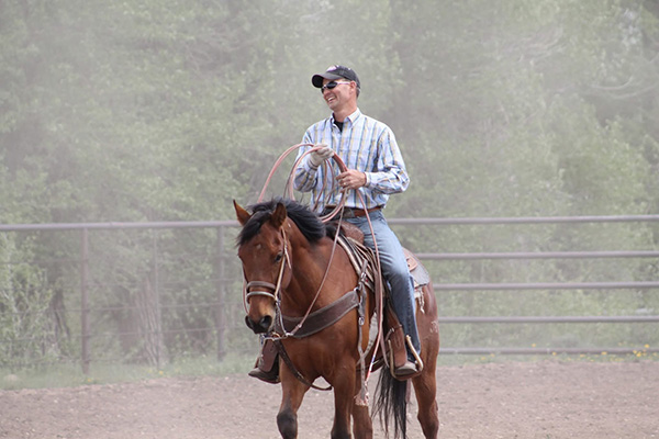 A man in a plaid shirt and jeans rides a brown horse and holds rope in his hands.